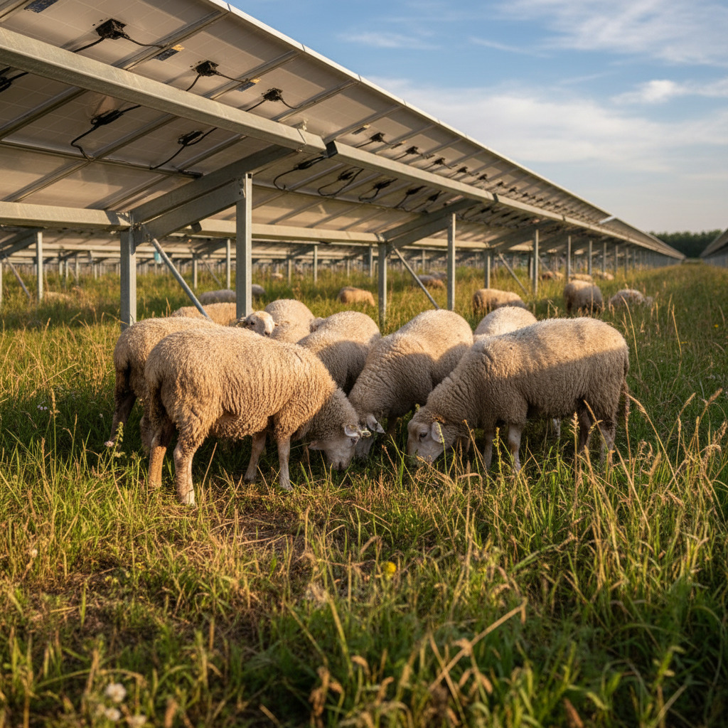 Bild von der Pflege eines Solarparks mit Schafen, nah aufnahme, ohne menschen oder fahrzeuge