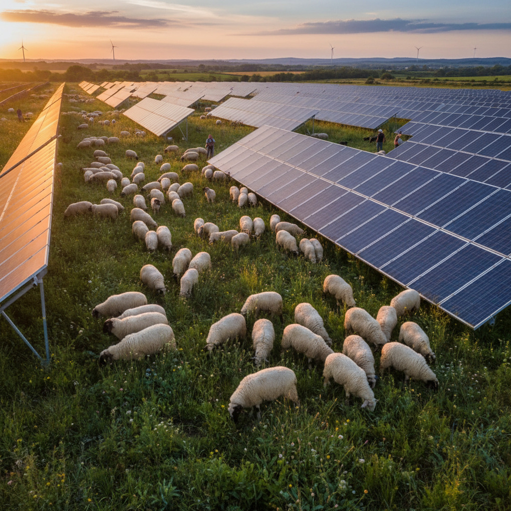 Bild von einer herde von Schafe, die in einem solarpark laufen und den Grünbereich pflegen